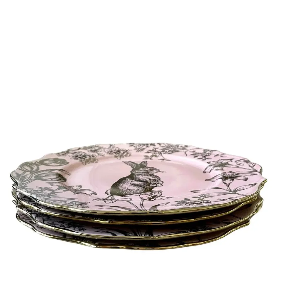 222 Fifth Pink Gold Bunny Hill 10.75” Porcelain Dinner Plates Easter Set/4 New